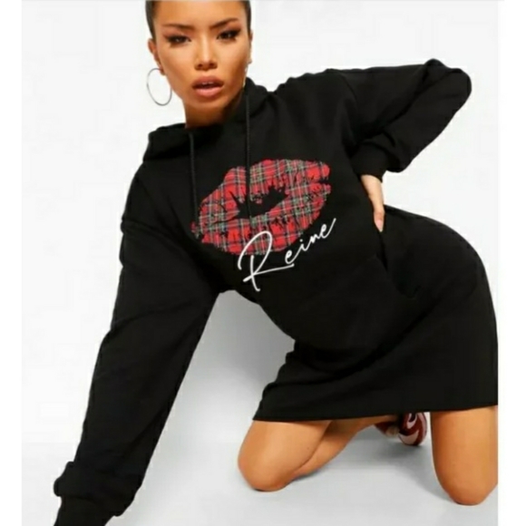 HP🥰boohoo Tartan Lip Print Hood Sweatshirt Dress - Picture 16 of 16